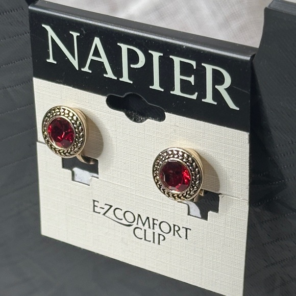 Napier Gold & Garnet Red Comfort Clip Earrings NWT Gifts - Picture 6 of 10